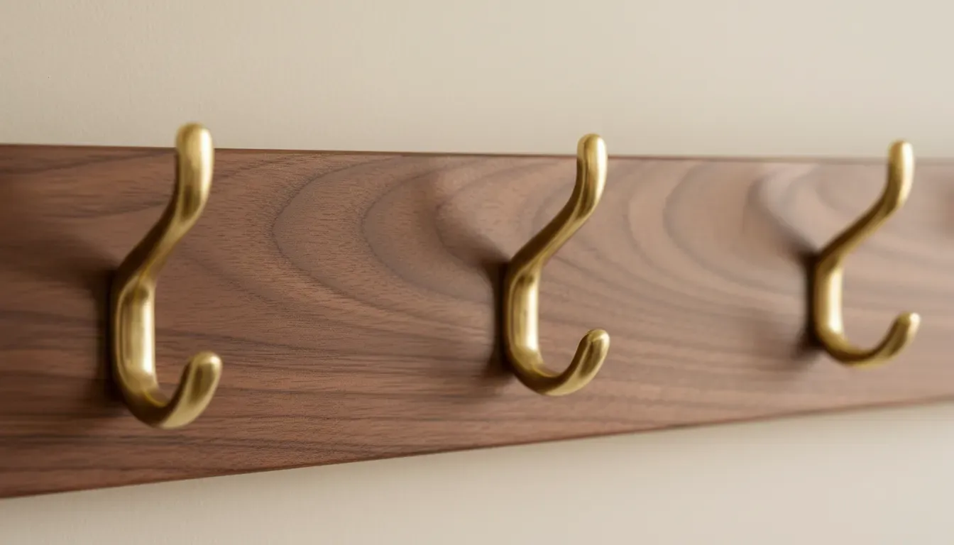 A detailed close-up of a solid walnut coat rack with brass hooks showcasing the grain texture