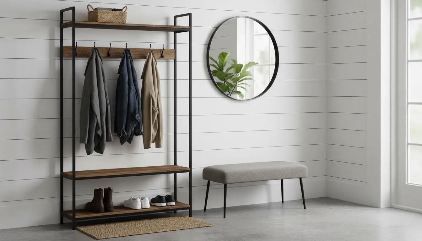 A styled entryway featuring a mixed-material hall tree with wood shelves and black metal frame holding coats and shoes
