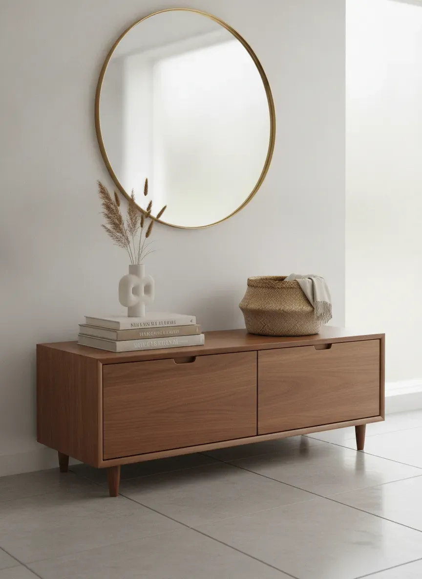 A sleek mid-century wooden storage bench in a minimalist entryway