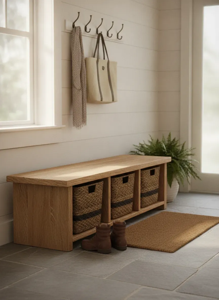 A rustic wooden storage bench in a bright mudroom featuring woven baskets and coat hooks