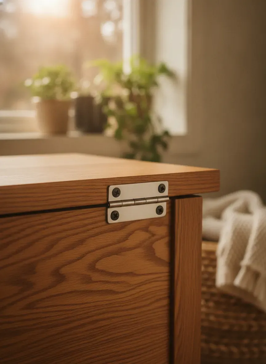 Close-up of a beautifully conditioned oak storage bench showing the rich wood grain and safety hinge detail