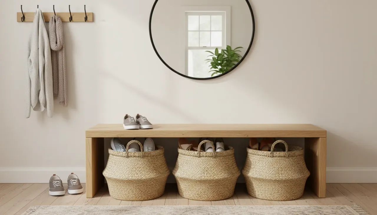 A stylish entryway featuring a wooden bench with seagrass woven baskets underneath filled with shoes, set against a neutral wall.