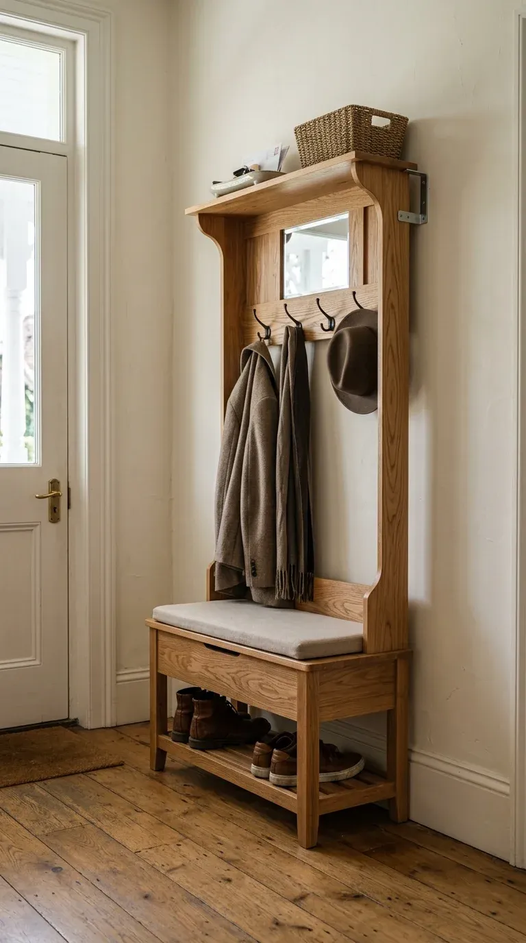 Original Photography: Real-world entryway setup with natural oak finish