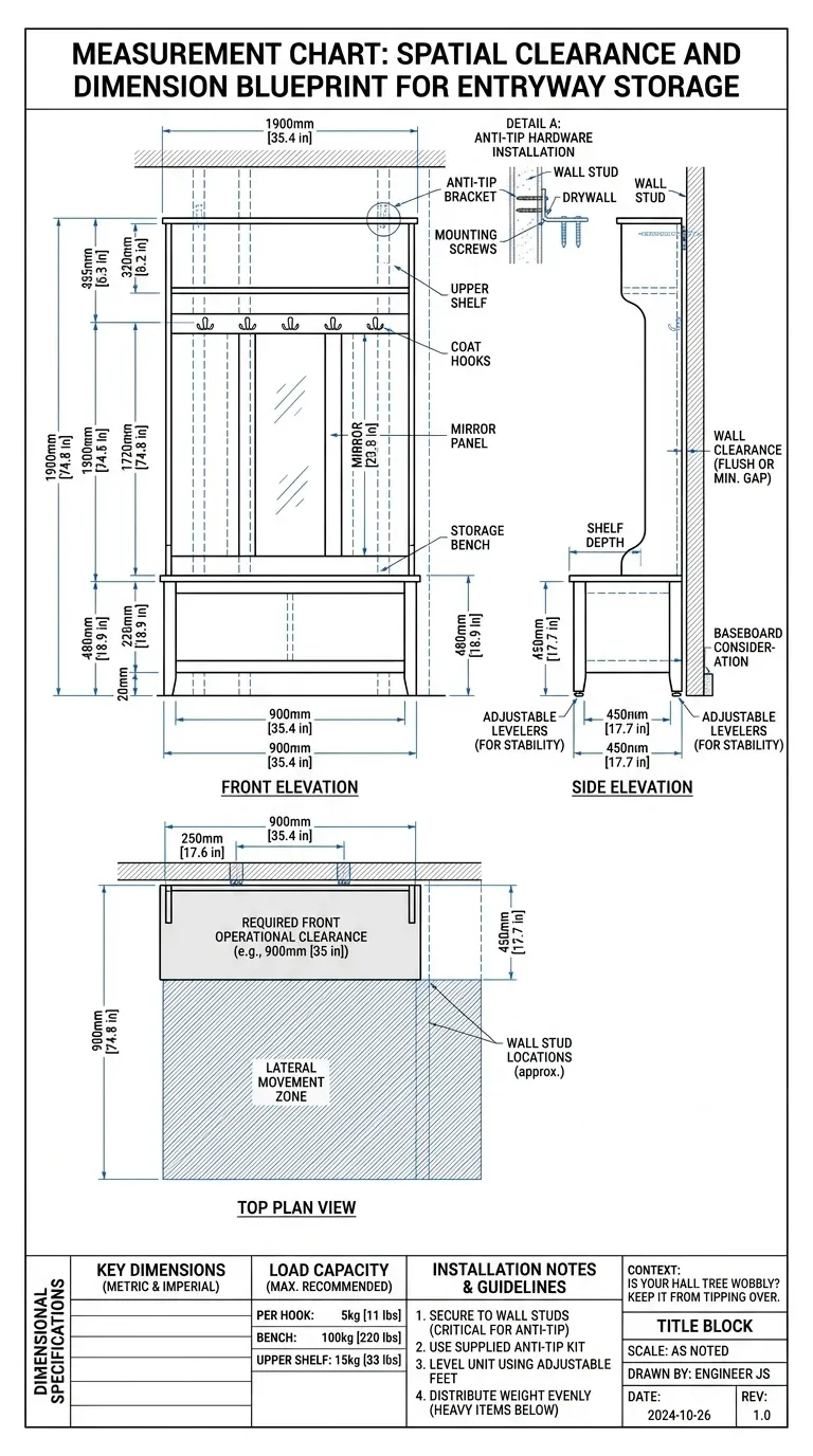 Measurement Chart: Spatial clearance and dimension blueprint for entryway storage