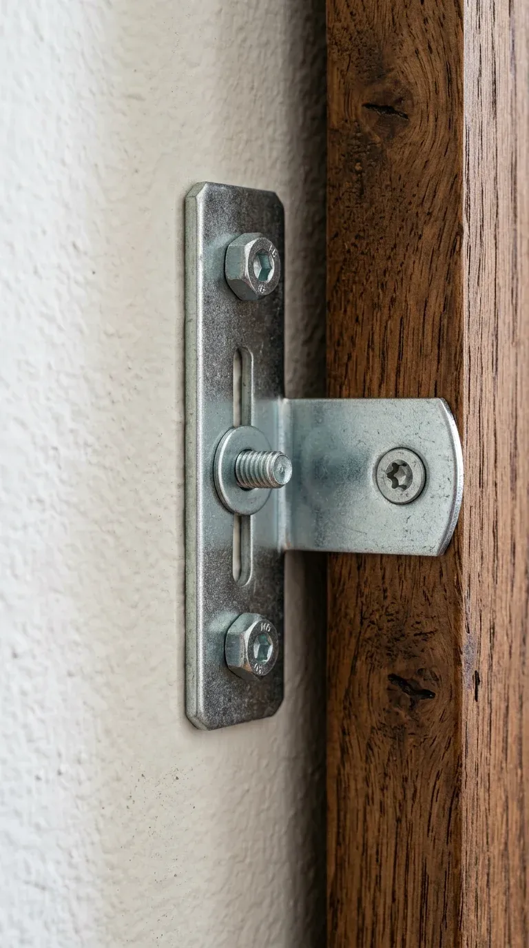 Original Photography: Close-up of anti-tip hardware installation on drywall with heavy-duty toggle bolts