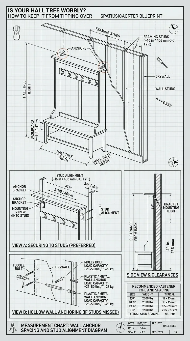 Measurement Chart: Wall anchor spacing and stud alignment diagram