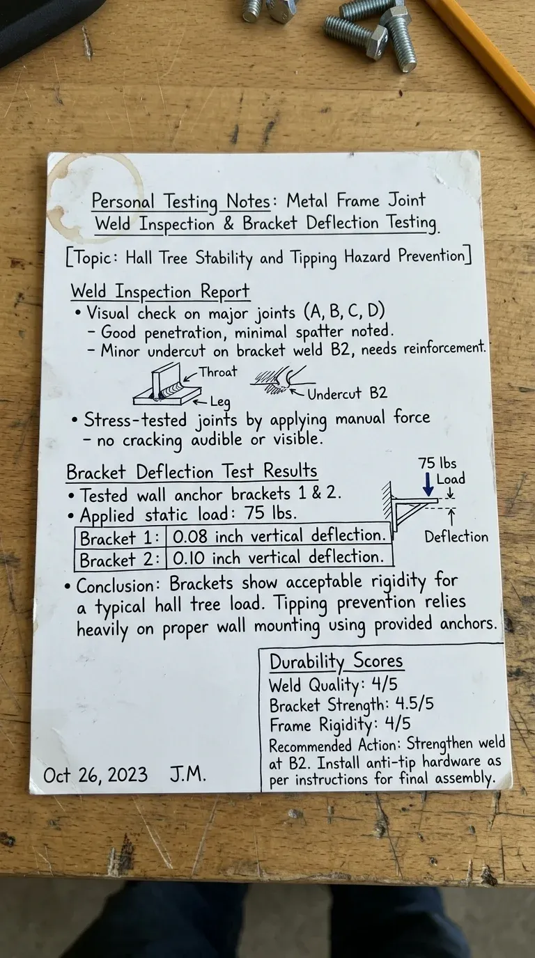 Personal Testing Notes: Metal frame joint weld inspection and bracket deflection testing