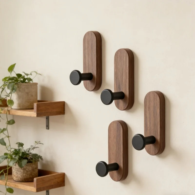 Self adhesive mounted walnut wood wall hooks and key holder pegs