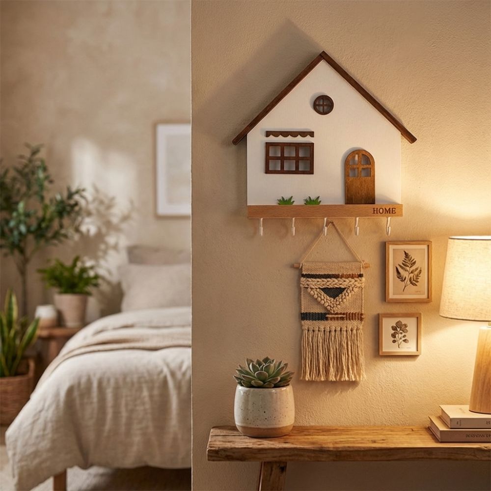 Modern house-shape wooden wall mounted key holder 5 hooks