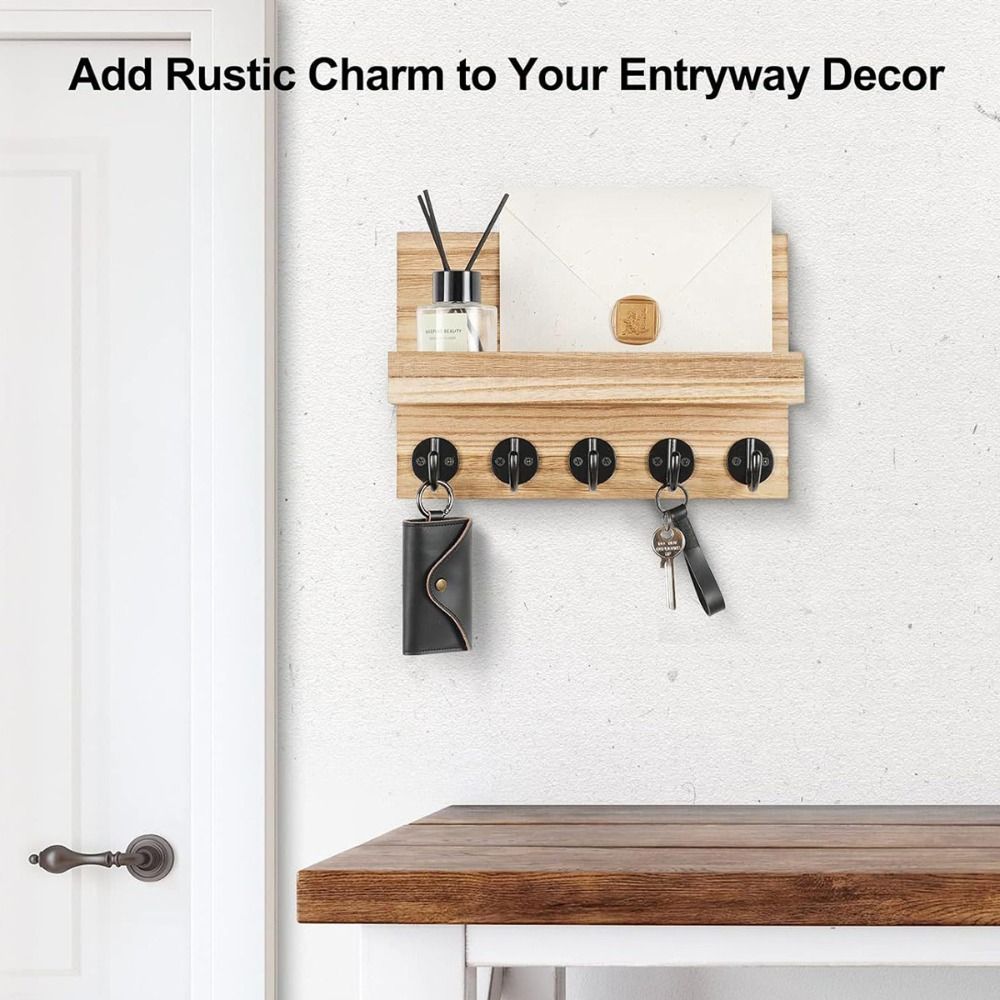 Decorative wooden wall mounted key holder for wall with shelf and large hooks