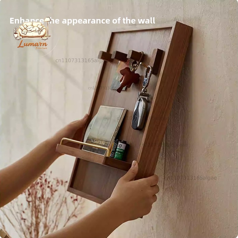 Wall mounted storage holder with key hook walnut wood electric meter cover decorative rack