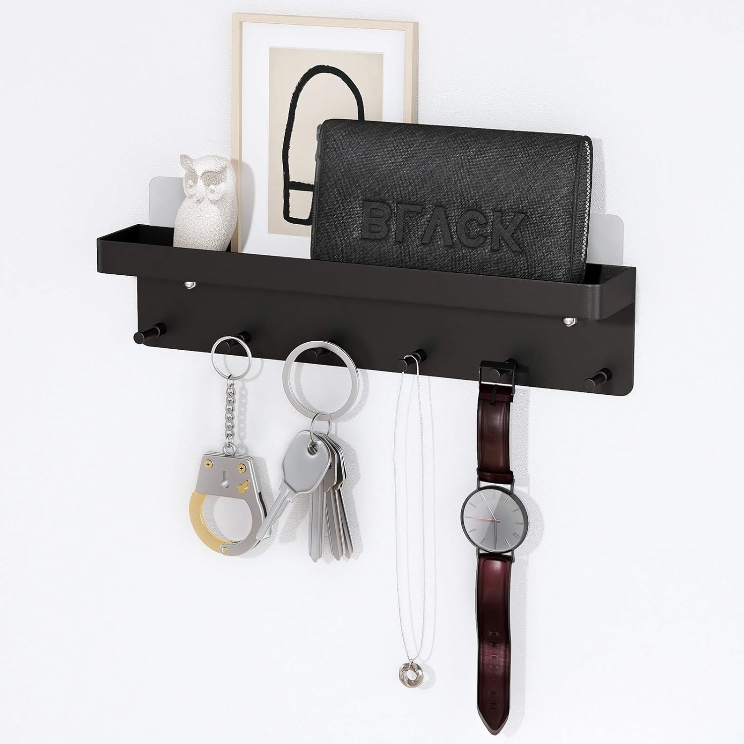 Adhesive wall mounted key holder with mail organizer tray and 6 key hooks